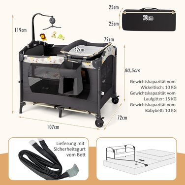 Складане дорожнє ліжечко DREAMADE 4-в-1, дитяче ліжечко з регульованою висотою та пеленальний столик, приліжкове ліжко з сумкою для перенесення, для дітей 0-36 місяців, темно-сіре