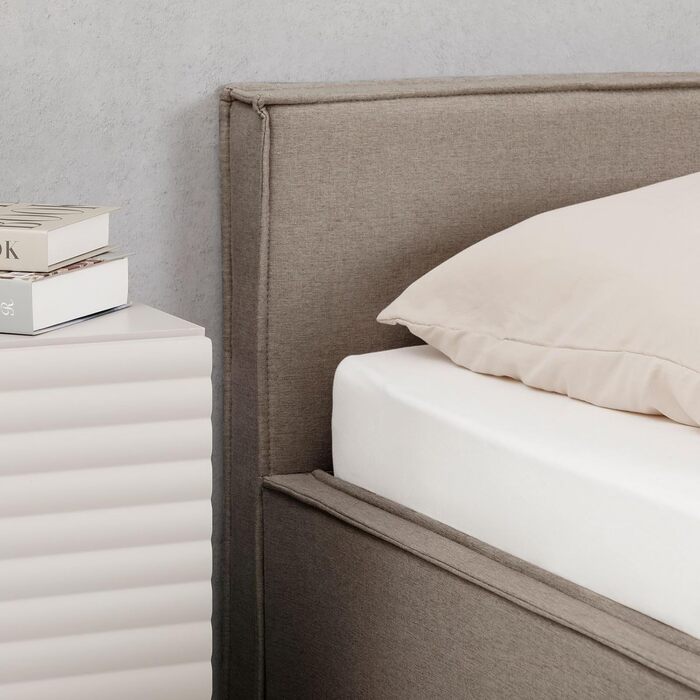 Ліжко IDIMEX Pesaro з м&39якою оббивкою 140x200 см, сірий колір каркас ліжка з рейковою основою, міцний чохол з тканини під лляну тканину, сучасне двоспальне ліжко з узголів&39ям для спальні