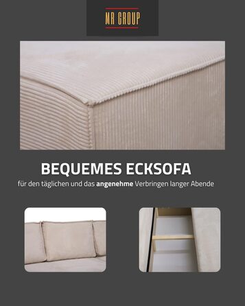 Г-подібний кутовий диван Bergamo, 240x142 см, з функцією сну та відділенням для зберігання речей. Вельветовий диван-ліжко, універсальна сторона, невеликий диван для передпокою, 3-місний кутовий диван-ліжко для вітальні, подушки, бежевий. Zoom 1 - Бежевий.