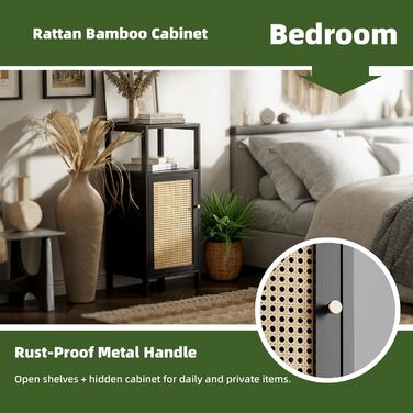 Бамбукова підлогова шафа з ротангом, невелика шафа для зберігання речей у ванній кімнаті з 1 дверцятами та 1 полицею, компактна дерев&39яна кухонна шафа, журнальний столик у передпокій, окремостояча тумба для вітальні (чорна)