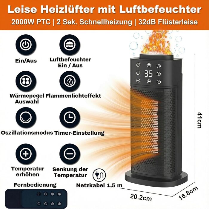 Керамічний вентилятор-обігрівач з ефектом полум&39я та зволожувачем повітря, електричний обігрівач потужністю 2000 Вт, енергозберігаючий та тихий, потужний електричний обігрівач для офісу та спальні, ідеально підходить для обігрівача кімнати