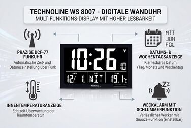 Радіокерований настінний годинник Technoline WS 8007 XXL з термометром Дата та день тижня Цифровий годинник DCF Будильник та функція відкладання Великий LCD-дисплей для офісу, кухні та вітальні
