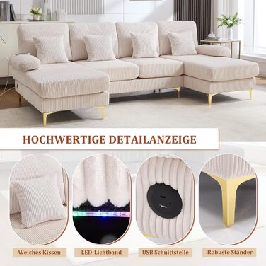 Подібний диван зі світлодіодним підсвічуванням, кутовий диван з функцією сну, диван-ліжко з 4 розкішними подушками, ергономічний розкладний диван, для вітальні/спальні, каркас з масиву дерева, 265 см, бежевий (265 см)