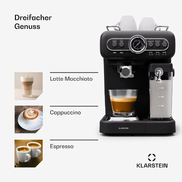 Кавоварка Klarstein Espresso Portafilter з піноутворювачем, міні-еспресо-машина 1.2 л з портафільтром, кавомашина потужністю 1350 Вт маленька кавоварка з нержавіючої сталі для капучино, латте та макіато Black Espressionata evo milk