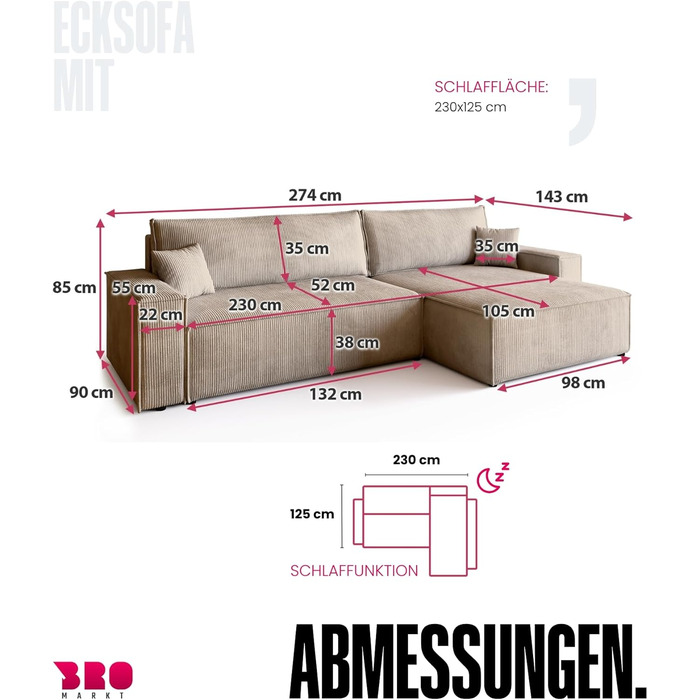 Диван з функцією сну, Диван з вельветової тканини, Короб для ліжка, Розкладний диван для вітальні, Кутовий диван, Окремостоячий, Adi XL Relax Sofa, 3-місний, 272x143x85 см, Бежевий, Дуже великий