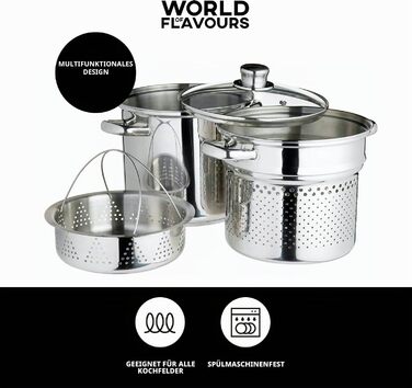 Каструля для пасти KitchenCraft World of Flavours з дуршлагом та паровою корзиною для овочів у подарунковій коробці, нержавіюча сталь, під індукцію, 4 л