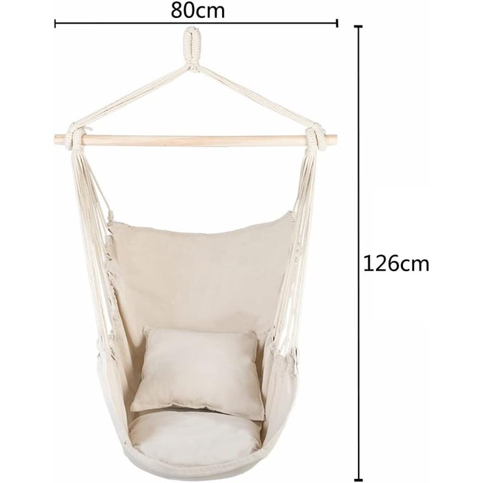 Підвісне крісло LEADZM для вулиці - бавовна з 2 подушками, вантажопідйомність 100 кг, підвісне крісло для саду, балкону, тераси - для використання в приміщенні та на вулиці - 80 x 126 см, бежевий