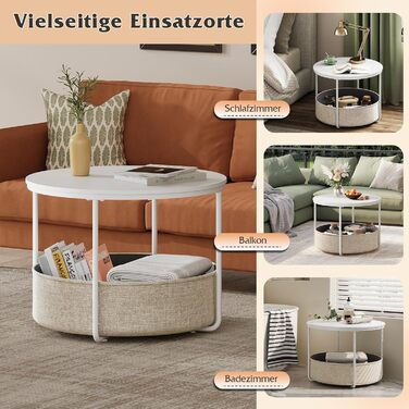 Круглий білий журнальний столик WLIVE, столик для вітальні з тканинним кошиком, металевий каркас, журнальний столик для вітальні з диваном, діаметр 60 дюймів, журнальний столик для вітальні, спальні (білий, діаметр 60 дюймів)