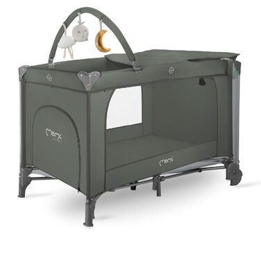 Дитяче та дитяче дорожнє ліжечко MoMi BELOVE PLUS 2-в-1, складне, 2 рівні для сну для немовлят до 9 кг та дітей до 15 кг з дитячим матрацом, ігровою ручкою, пеленальний килимок та сумка для перенесення, темно-зелений