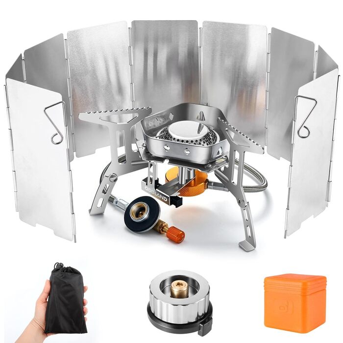 Газова кемпінгова плита Odoland потужністю 3500 Вт з п&39єзоелектричним запалюванням, вітрозахисна газова кемпінгова плита для всіх нагвинчуваних газових картриджних пальників, з адаптером, складна кемпінгова плита, червона з вітровим склом