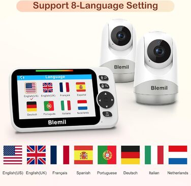 Радіоняня з 2 камерами та аудіо, акумуляторна батарея на 30 годин, великий розділений екран 5 футів, камера з дистанційним керуван