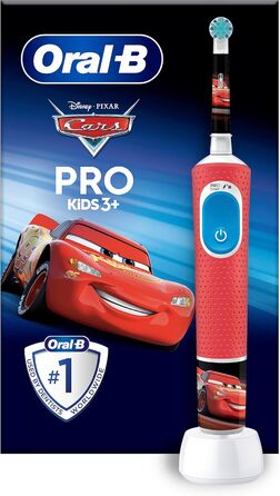 Електрична зубна щітка Oral-B Pro Kids Cars для дітей від 3 років, включаючи режим Sensitiv для догляду за зубами, екстра м'яка щетина, 1 щітка, 4 наклейки, червона/синя ука (1 упаковка) Легкові автомобілі