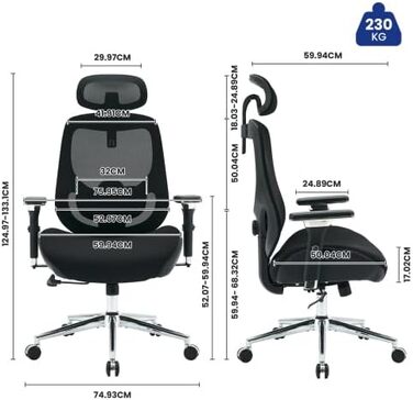 Ергономічне офісне крісло для високих людей (230 кг) Регульоване по висоті сітчасте обертове крісло з 4D підлокітниками, опорою для голови та попереку, для домашнього офісу та офісу, чорне