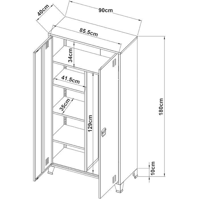 Дверна шафа з вішалкою для одягу, металева шафа для спальні, біла, з 3 полицями, 180 x 90 x 40 см, білий, 180 x 90 x 40 см - 0 шухляд, 2-