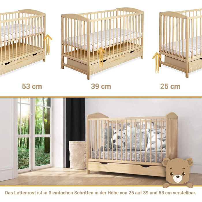 Дитяче ліжко/ліжечко для новонароджених 60x120 см ліжечко з шухлядою, регульованою по висоті рейковою основою та знімними поручнями, трансформується в дитяче ліжко S-120