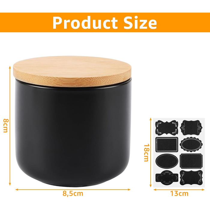 Набір з 4 керамічних контейнерів для зберігання, керамічна банка 260 мл з кришкою, наклейкою та силіконовим кільцем, чорна цукорниця для спецій, цукру, кави