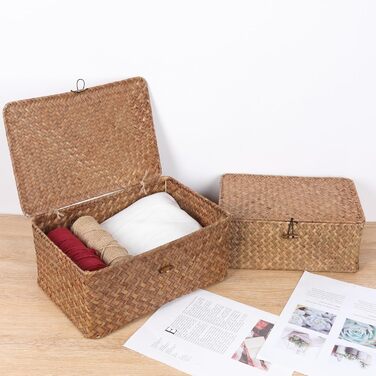 Кошики FEILANDUO з вербовими полицями та кришкою, з морської трави, кошик для зберігання, контейнер, прямокутний, ручної роботи, для полиць, столу, домашнього органайзера (кавовий, великий)