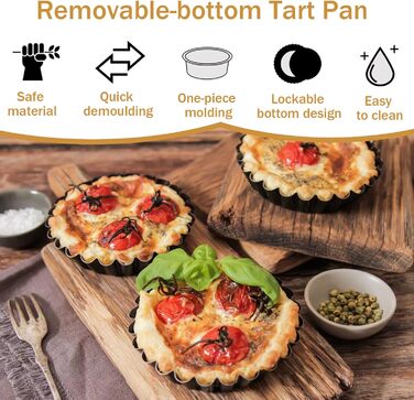 Набір із 4 міні-форм для тарталетків (10 см) з підйомним дном та антипригарним покриттям - Форми для кішу з вуглецевої сталі для тарталеток, мафінів, капкейків, тортів - Форми для випікання багаторазового використання (чорні)