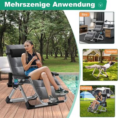 Складаний шезлонг з подушкою, вантажопідйомністю 200 кг, подвійне призначення, сидіння та лежання, регульований для вітальні, балкона, пляжу чи басейну (сірий)