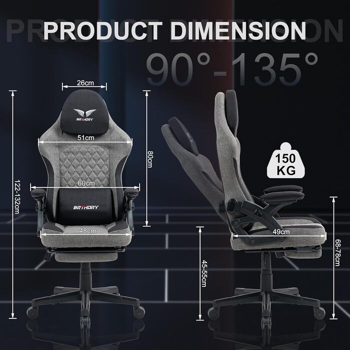 Ігрове крісло, ергономічне гоночне ігрове крісло з регульованим підголівником, робоче крісло з тканинною оббивкою, пружинною подушкою сидіння, з&39єднувальними підлокітниками та підставкою для ніг, функцією гойдання, новим підлокітником 135 - чорне
