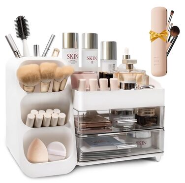Органайзер для макіяжу преміум-класу з шухлядами містке та безпилове місце для зберігання косметики у вашому туалетному столику великий органайзер для макіяжу коробка для косметичного столика (білий) тримач для пензлів для макіяжу