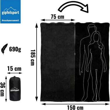 Ковдра з мікрофібри флісу Gipfelsport з функцією спального мішка Розмір 185 x 150 см, приблизно 690 г Ковдра з мікрофібри для кемпінгу, спальний мішок Легка, маленька, прямокутна, чорна