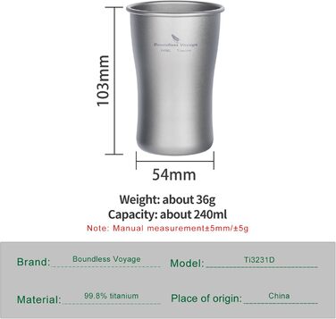 Мл титанова пивна кружка для кемпінгу, надлегка штабельована одношарова чашка для кави з льодом, соковита чашка для холодної води, коли, зовнішня портативна, міцна металева, посуд для напоїв Ti3231D 240 мл Ti3231d, 240