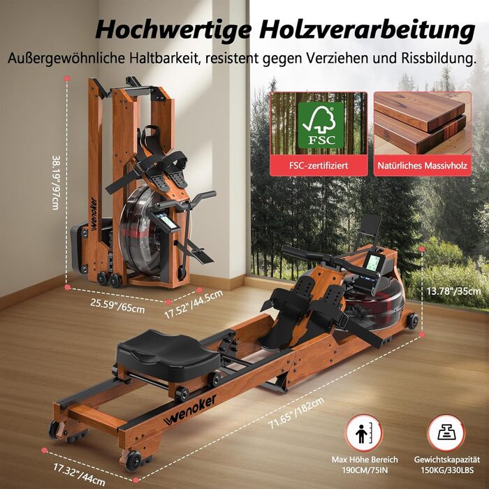 Тестова версія 2026 Водний веслувальний тренажер Wenoker для домашнього використання, дерев&39яний, складний, зручне сидіння, Bluetooth-дисплей, подвійні ковзні рейки, максимальне навантаження 150 кг, натуральний дуб