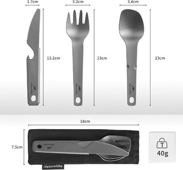 Посуд Naturehike з чистого титану, обладнання для пікніка, ніж, виделка, ложка, відкривачка для пляшок, дорожній посуд, посуд для вулиці, лише 40 г