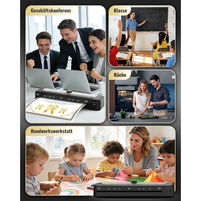 Ламінатор для паперу формату A3, A4, A5, A6 та A7 з різаком для паперу Закруглені кути Ламінувальні пакети на 15 аркушів, захист від застрягання з ABS-пластику Робота в гарячому та холодному режимі Розумний захист Ламінатори для дому, школи та офісу Чорни