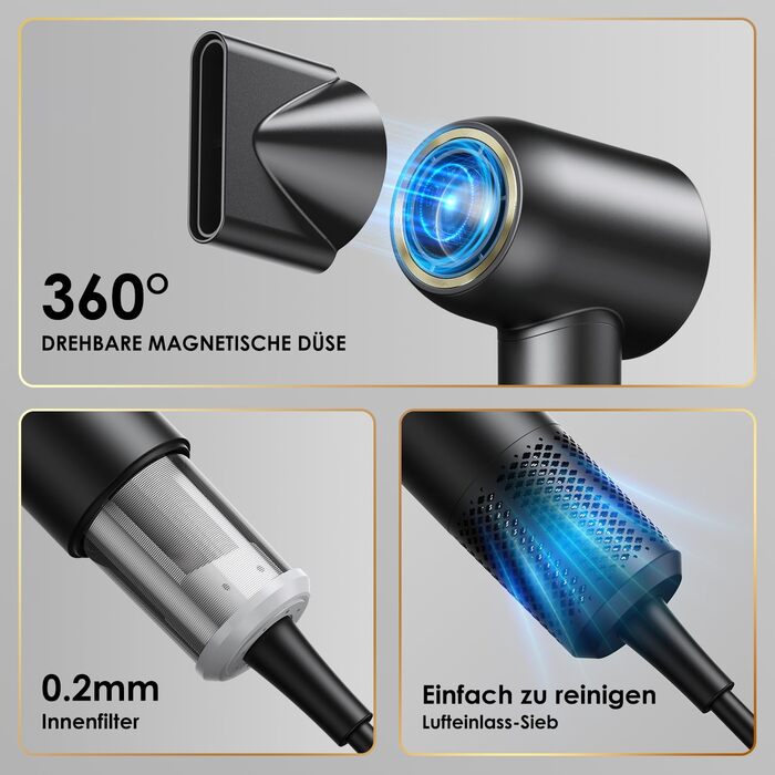 Іонний фен для волосся GLAM 1600W з LED-дисплеєм, 4 температурні та 2 швидкісні режими, швидке сушіння, антифриз-ефект, професійний низькошумний фен для жінок та чоловіків з насадкою для стайлінгу