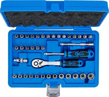 Набір торцевих головок BGS 2151 з фіксатором Gear Lock Привід 6,3 мм (1/4) 38 предметів, 1/4 дюйма, сріблясто-синьо-чорний