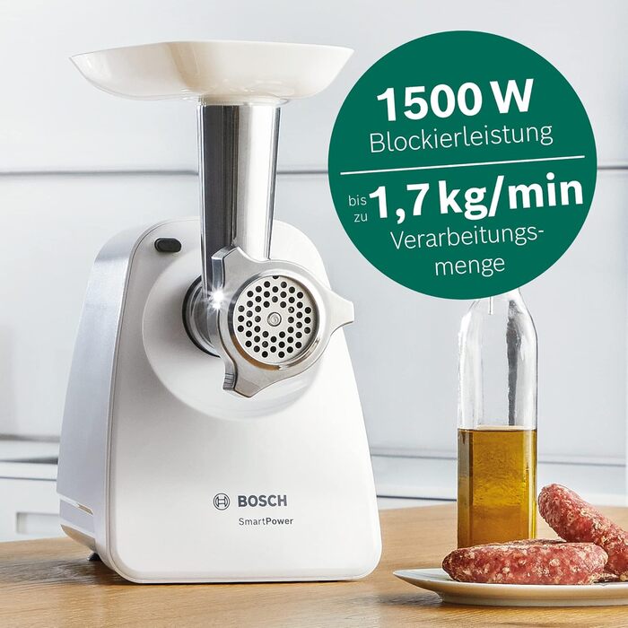 М'ясорубка Bosch SmartPower MFW2500W, електрична, маленька, компактна, одноступінчаста, потужна, 1 перфорований диск з нержавіючої
