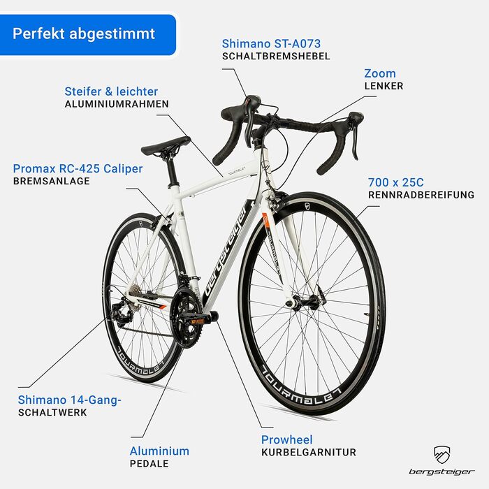 Шосейний велосипед Bergsteiger Tourmalet 28 дюймів, алюмінієвий гравійний велосипед з 14-швидкісними передачами, важить лише 11 кг, гравійний велосипед підходить для чоловіків та жінок зростом від 170 см, білий, 28 дюймів