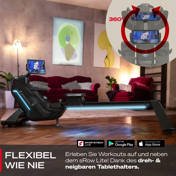 Гребний тренажер преміум-класу Sportstech sRow/10 дюймів/Lite для домашнього використання сенсорний дисплей/ручка - якісний німецький бренд - додаток з тренуваннями та курсами, складний гребний тренажер зі світлодіодною технологією, домашній спортзал sRow