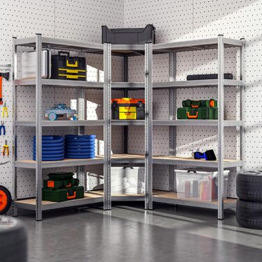 Комплект кутових стелажів Monzana з 3 предметів, міцний, вантажопідйомність 2625 кг, 15 полиць з МДФ, полиця для зберігання, полиця для підвалу, полиця, що вставляється, полиця для майстерні, сріблястий