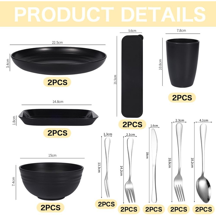 Набір посуду для кемпінгу з нержавіючою сталлю, міцний пластиковий посуд, легкий, яскравий та багаторазовий для пікніків, барбекю та саду, придатний для миття в посудомийній машині, чорний