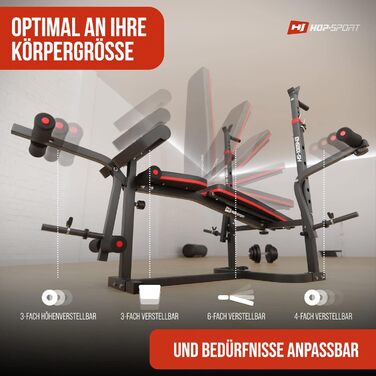 Силова станція Hop-Sport, багатофункціональна тренувальна лава, регульований кут нахилу, вкл. штангу, EZ-гриф для згинань біцепса, комплект обважнювачів від 38 кг до 135 кг, максимальне навантаження 250 кг (135 кг штанга/гриф/гантелі)