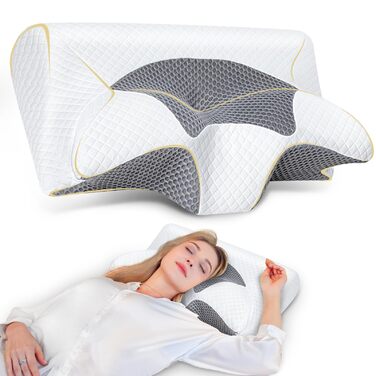 Подушка для шиї SAHEYER з піни з ефектом пам&39яті, подушка для підтримки шиї 2 в 1, подушка для голови для сну на боці, животі та спині, з пральною та дихаючою наволочкою, 59 * 43 * 12/15 см, сіро-біло-сіра