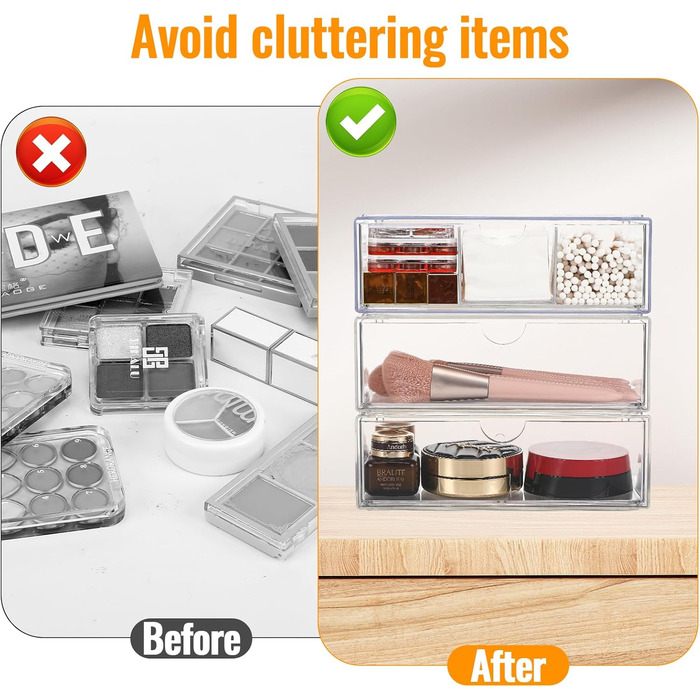 Секційний органайзер для косметики з висувними шухлядами, міні-органайзер для ванної кімнати з висувними шухлядами. Штабельований прозорий акриловий органайзер для макіяжу, для туалетного столика, ванної кімнати, спальні, письмового столу, 3-