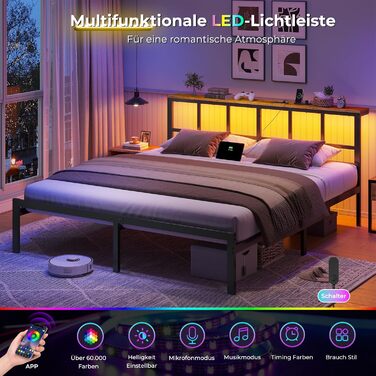 Ліжко 180x200 з металевою рейковою основою, каркас ліжка 180x200 см зі світлодіодним освітленням, зарядна станція (2 розетки змінного струму, 2 USB-порти), металеве ліжко 180x200 см з узголів&39ям та місцем для зберігання речей, двоспальне ліжко