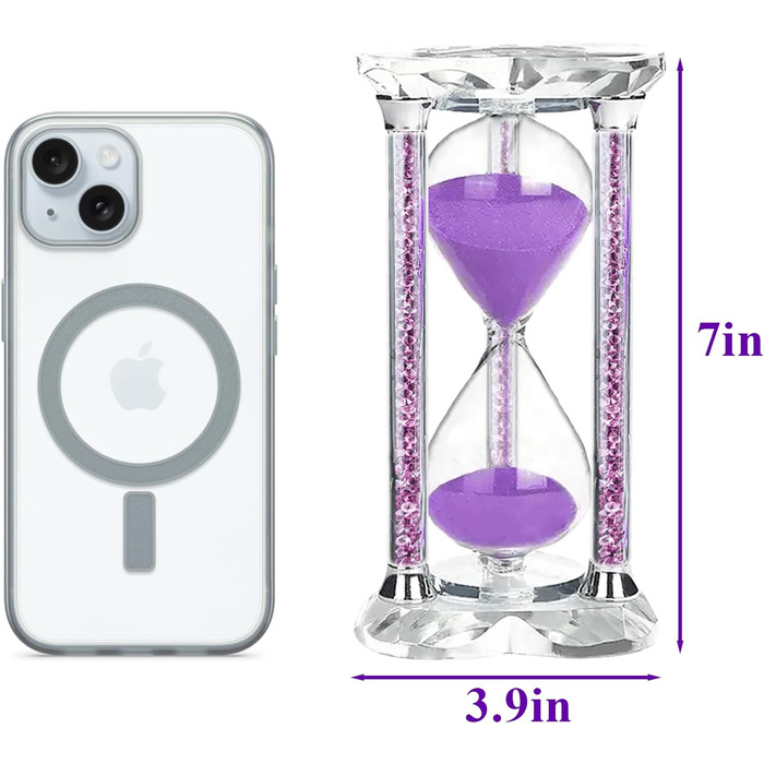 Пісочний годинник SuLiao для Uten, Поворотний на 720, Старовинний білий пісочний годинник, Вінтажний пісочний годинник 1 Hora Reloj de Arena, Великий метал, Пісочне скло, Офіс, Письмовий стіл, Дім, Весільне оформлення (Кришталь / Фіолетовий, 60 хв)