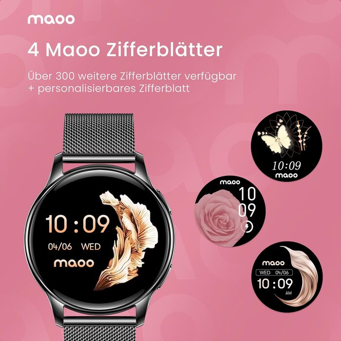 Розумний годинник maoo Ventura для жінок із функцією дзвінків, 1,32-дюймовий AMOLED-дисплей, монітор серцевого ритму, SpO, монітор артеріального тиску, понад 100 спортивних режимів, водонепроникність IP67, 5 браслетів у комплекті (чорний)