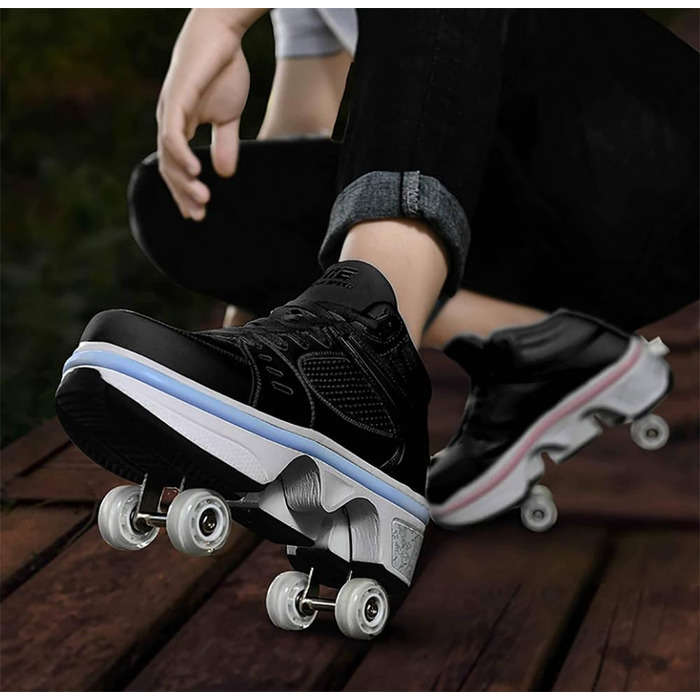 Роликові ковзани для хлопчиків та дівчаток, скейтборд взуття зі світлодіодними миготливими вогнями, 4-колесне автоматичне висувне, зручне спортивне взуття для дітей та дорослих, чорне, розмір 35 EU