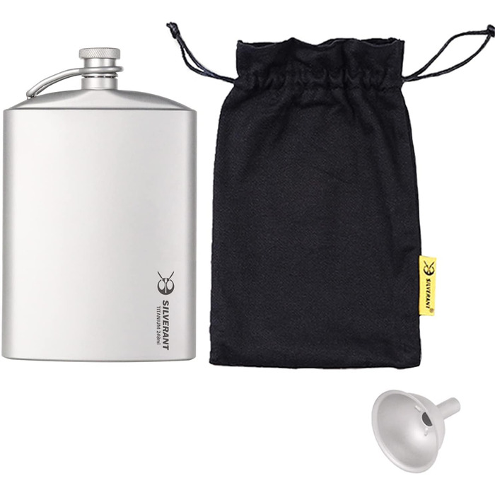Титанова фляга SILVERANT, 248 мл, надлегка, портативна, герметична, з гвинтовою кришкою, шнурком, тканинним чохлом і лійкою для за