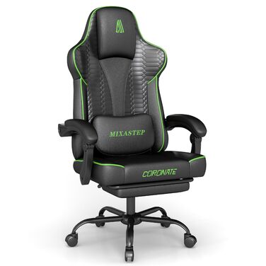 Ергономічне ігрове крісло, офісне крісло з підставкою для ніг, регульоване по висоті та нахилу, надзвичайно широке сидіння (51 см), ергономічна поперекова опора, вантажопідйомність до 150 кг, зелений колір