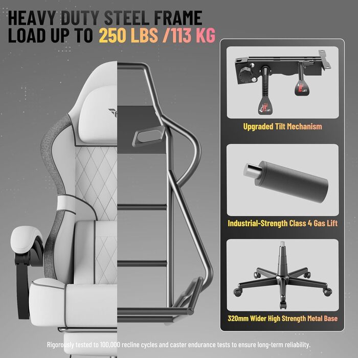 Ігрове крісло Ferghana, ергономічне ігрове крісло, ігрове крісло з регульованим підголівником та поперековою подушкою, підлокітниками, підставкою для ніг, гоночне ігрове крісло для ПК для офісу (біле, бавовна-льон) Біла бавовна