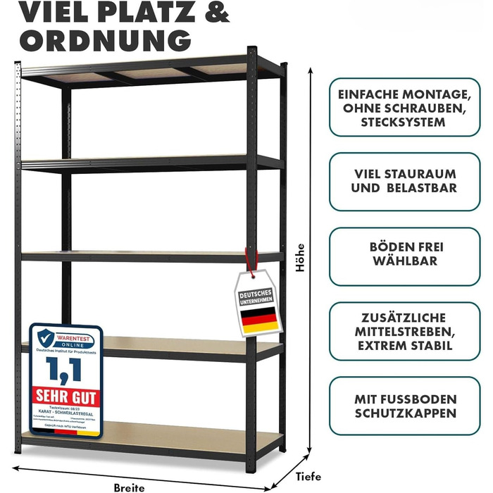 Міцний стелаж etm, упаковка з 2 шт., 200 x 100 x 50 см, чорний Безболтовий стелаж, стелаж для зберігання, окремостоячий стелаж, система складання без інструментів (Lakota, чорний) Чорний 200 x 100 x 50 см