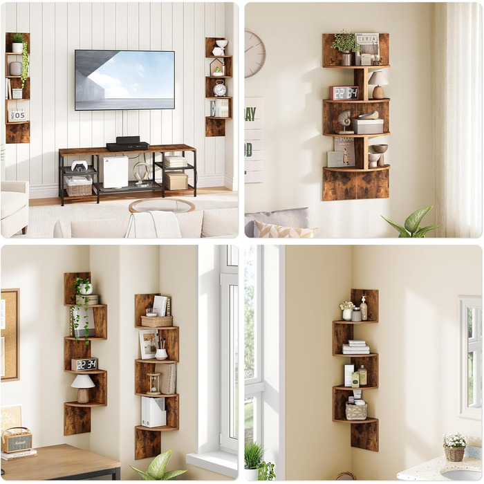 Настінна полиця HOOBRO, комплект із 2 предметів, кутова полиця, плаваюча полиця, 4-ярусна полиця, унікальний зигзагоподібний дизайн, компактна, для вітальні, спальні, їдальні, ретро-коричневий EBF25BJP201 темно-коричневий чорний 20 x 20 x 105 см