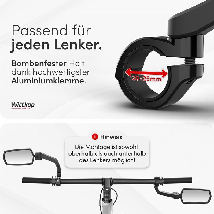 Велосипедне дзеркало WITTKOP Велике поле зору HD Обертається на 360 та складається Кріплення зверху та знизу Ударостійке та міцне Опукле дзеркало заднього виду для велосипедів та електровелосипедів (Комплект (лівеправе))